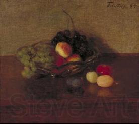 Henri Fantin-Latour Glazen schaal met witte en blauwe druiven, perziken en pruimen.